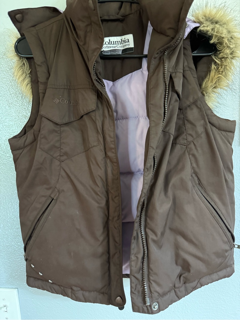 Columbia Brown Quilted Faux-Fur Trim Hooded Vest
